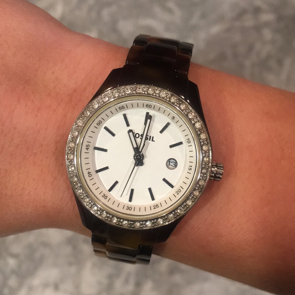 Fossil Watch With Tortoise Band & Rhinestone Face - image 1